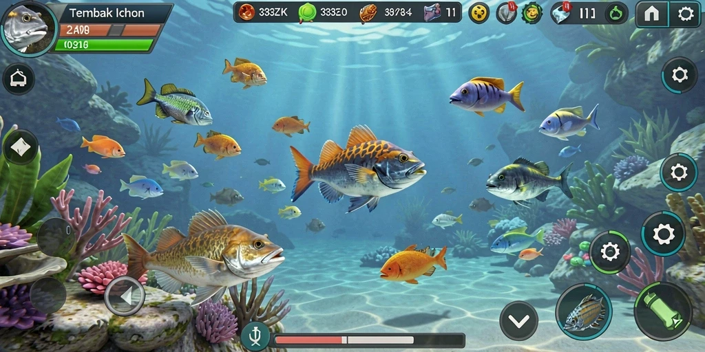 Screenshot utama gameplay 33ZK menunjukkan aksi menembak ikan yang seru.
