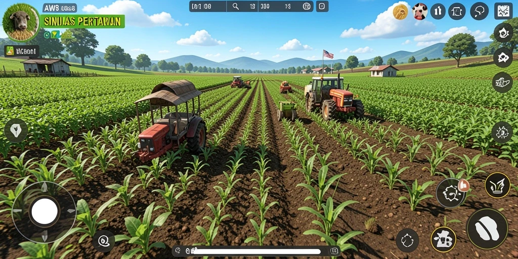Tampilan menarik dari gameplay pertanian AW8 yang penuh warna.