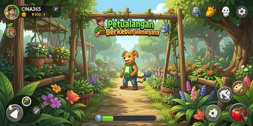 Tampilan screenshot CINA365 menampilkan kebun yang subur dan hewan ternak.