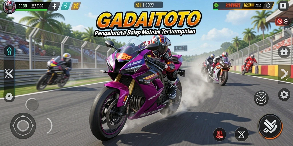 Screenshot gameplay GADAITOTO menunjukkan aksi balapan motor seru.