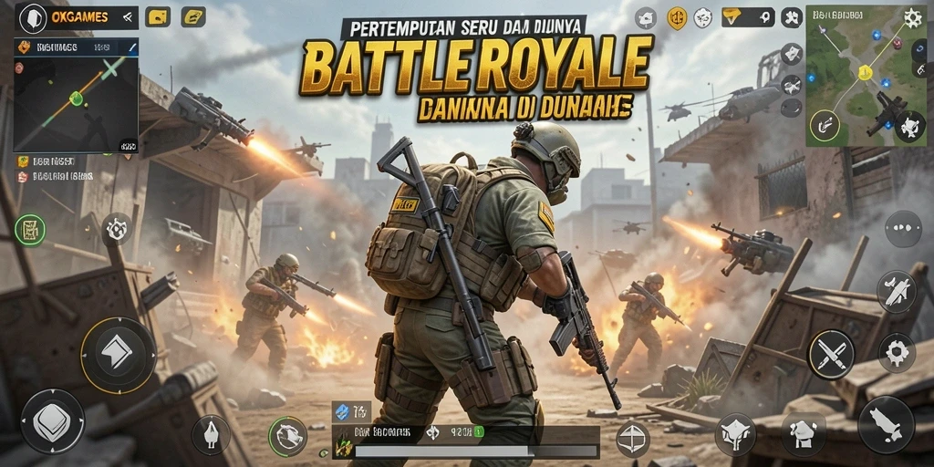 Screenshot gameplay intens di OKGAMES menunjukkan aksi Battle Royale.