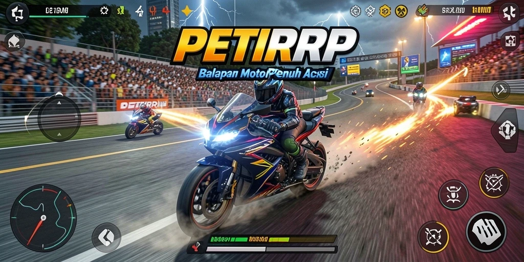 Tampilan gameplay yang memukau dari PETIRRP menunjukkan aksi balapan motor.