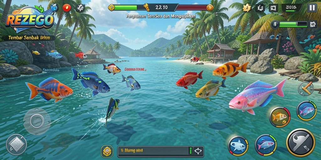 Screenshot gameplay <strong>REZEGO</strong> yang menunjukkan suasana pertempuran menangkap ikan.