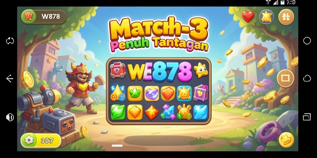 Tampilan gameplay WE878 dengan banyak warna dan tantangan Match-3.