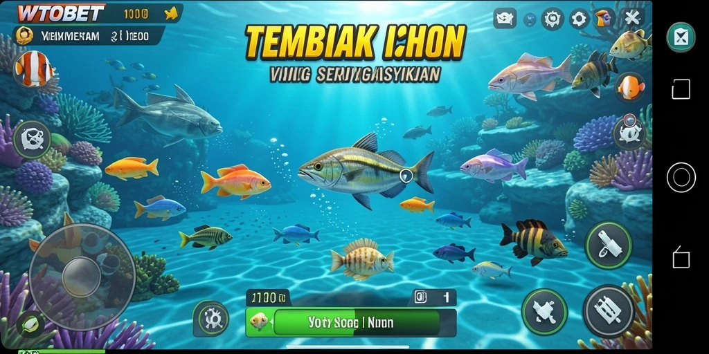 Screenshot dari gameplay seru WTOBET yang menampilkan aksi menembak ikan.